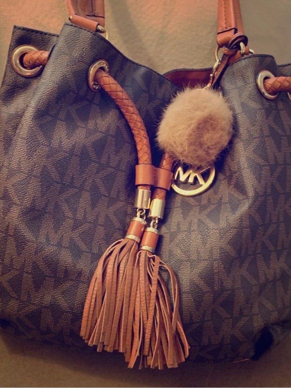 Michael Kors Brown Logo Drawstring Hobo with Tassel and Pom